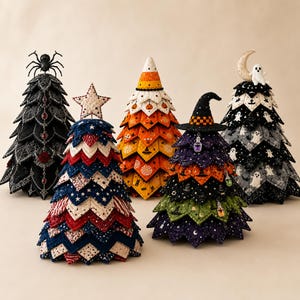 May include: Five decorative fabric trees with layered, quilted, and pointed leaves. Designs include a black spider-topped tree, a red, white, and blue star-topped tree, an orange candy corn tree, a witch hat tree, and a ghost and moon tree.