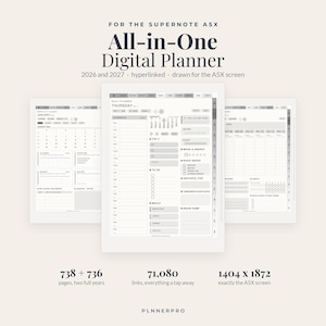 Op de afbeelding: Een digitale planner voor de Supernote A5X met dagschema, maandkalender en takenlijsten. De interface bevat 71.080 links, een resolutie van 1404 x 1872 en 738 plus 736 pagina's voor 2026 en 2027. Tekst: All-in-One Digital Planner.