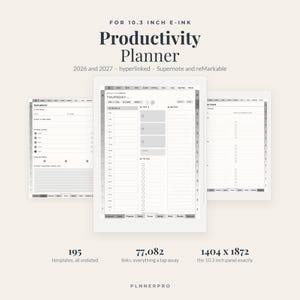 Peut inclure: Un planificateur de productivité numérique pour appareils e-ink de 10,3 pouces comme Supernote et reMarkable. L'interface affiche un emploi du temps quotidien, les 3 tâches principales et des listes. Inclut 195 modèles, 77 082 liens et 1404 x 1872 pixels.