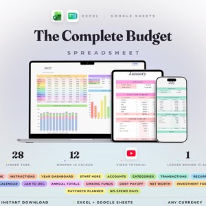 Budget Spreadsheet for Excel & Google Sheets | 28 Linked Tabs, Monthly Dashboards, Debt Payoff, Sinking Funds | Any Year, Any Currency