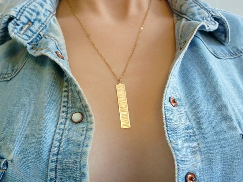 Gold Bar Necklace Roman numeral necklace Personalized Roman necklace Name Necklace date necklace bridesmaid gift anniversary necklace