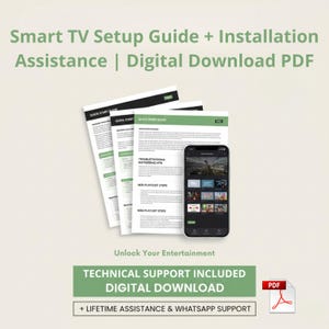 Puede incluir: Un PDF de descarga digital titulado "Guía de configuración de Smart TV + Asistencia de instalación". La imagen muestra guías impresas, un teléfono inteligente que muestra una aplicación de transmisión y un icono de PDF. El texto incluye "Unlock Your Entertainment".