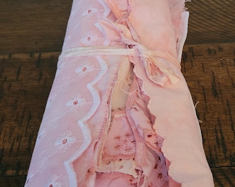 Hand Dyed Pink Shades Texture Fabric, Vintage Linens and Lace, Cotton, Linen, Silk, 25+ Pcs