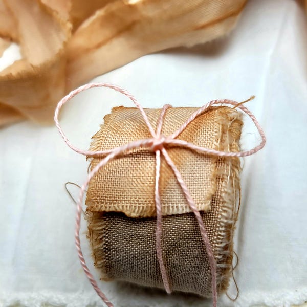 Rustic Tea Dyed Cotton Ribbon: Hand Torn Frayed Edge, Vintage Style