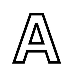 May include: A bold, black letter "A" against a stark white background. The capital letter is outlined with a thick black stroke, creating a simple yet striking visual. The design is clean and modern.