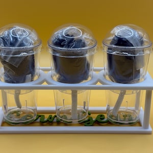 May include: Three clear plastic cups with dark blue contents are displayed under clear domes, arranged in a white holder. The holder has a green cursive word on the front. The background is yellow.