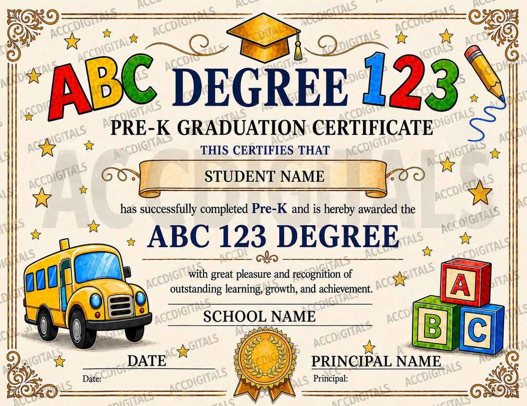 Editable Pre-k Graduation Certificate Template ABC 123 Diploma ...