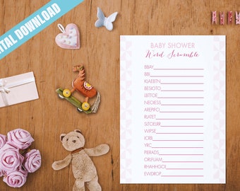 エマ - 女の子のベビーシャワーのアクティビティ // ピンク // 女の子 // パーティー // ゲーム // 幾何学 // 財布 // 願い // ワードサーチ // スクランブル // アドバイス