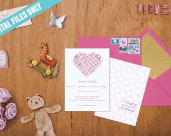 Emma - Baby Girl Shower Invitation // Pink  // Girl // Party // Geometric // Mom // Dad // Parents // Expecting // Stork // Quilt