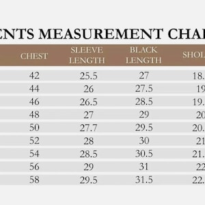 May include: A measurement chart labeled "GENTS MEASUREMENT CHART" with size, chest, sleeve length, black length, and shoulder measurements in inches. Sizes range from XS to 5XL, with chest measurements from 42 to 58 inches.