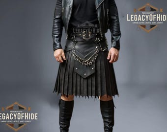 Kilt da gladiatore da uomo fatto a mano in vera pelle di agnello nera, kilt gotico plissettato multiuso con catena, gonna per costume steampunk vichingo medievale