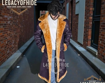 Men's Purple Leather Trench Coat | Faux Shearling Lined Winter Jacket