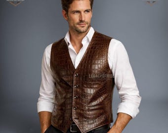 Men Brown Crocodile Leather Vest Alligator Embossed Cowboy Waistcoat Western Rawhide Biker Gilet Luxury Formal Dress Vest Country Style Wear