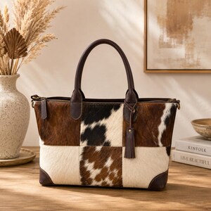 Patchwork-Ledertasche, braun-weiße Western-Handtasche, handgefertigte große Schultertasche, rustikale Boho-Alltagstasche, einzigartige Statement-Tasche