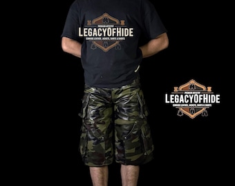 Handmade Camouflage Leather Shorts: Genuine Leather Camo Design
