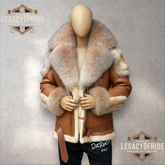 Men’s Brown Sheepskin Shearling Jacket | B3 Aviator Bomber with Real Fox Fur Collar | Luxury Winter Leather Coat
