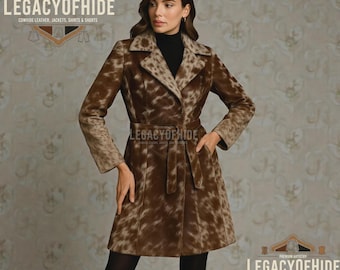 Handmade Women's Brown & White Genuine Cowhide Leather Coats, Hair on Hide Long Coats, Belted Western Festival Streetwear Winter Overcoats,