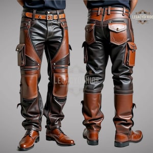 May include: Black and brown leather trousers with multiple pockets and zips. The trousers feature brown leather panels on the knees, thighs, and lower legs. A brown leather belt with a silver buckle is visible. The trousers are worn with brown leather boots.