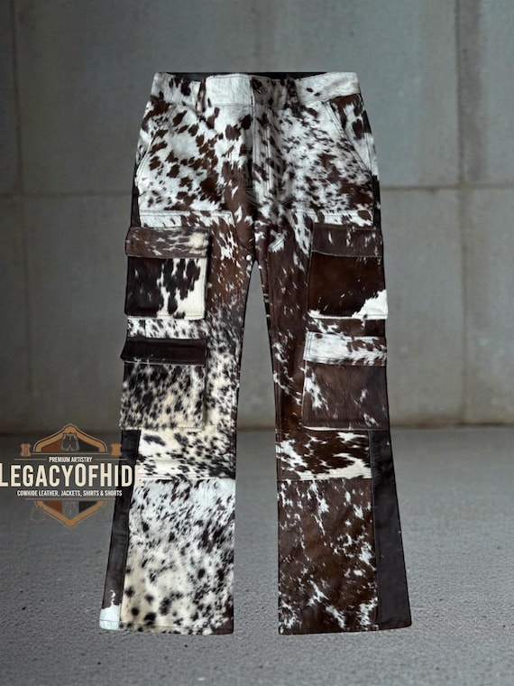 Genuine Cowhide Leather Cargo Pants Hair-On-Hide Western HandmadeTrousers Multi-Pocket Cowboy Leather Pants Festival Biker Pants Cowgirl