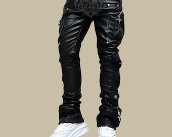 Handcrafted Stacked Leather Cargo Pants Men’s Black Slim Fit Leather Trousers Gothic Streetwear Pants with Zipper Pockets Punk Rock Style