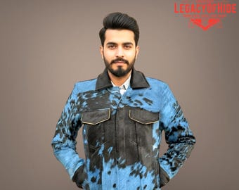 Handmade Hair-On Cowhide Leather Jacket | Blue & Black Trucker, Western Streetwear