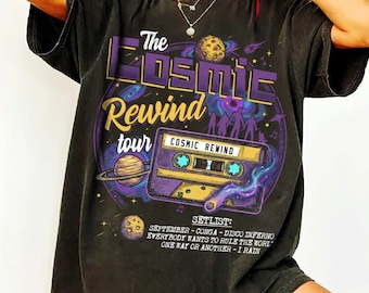 Koszulka Strażnicy Galaktyki z Cosmic Rewind Tour, Koszulka pasująca do wycieczki Epcot Disney, Koszulka z listą zestawów Cosmic Rewind, Koszulka Strażnicy Disney World