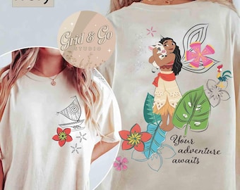 2-seitiges Disney Moana Princess Floral Shirt, Ihr Abenteuer erwartet Zitate T-Shirt, Moana Pua HeiHei Shirt, Disneys polynesisches Dorf, BTW Reise