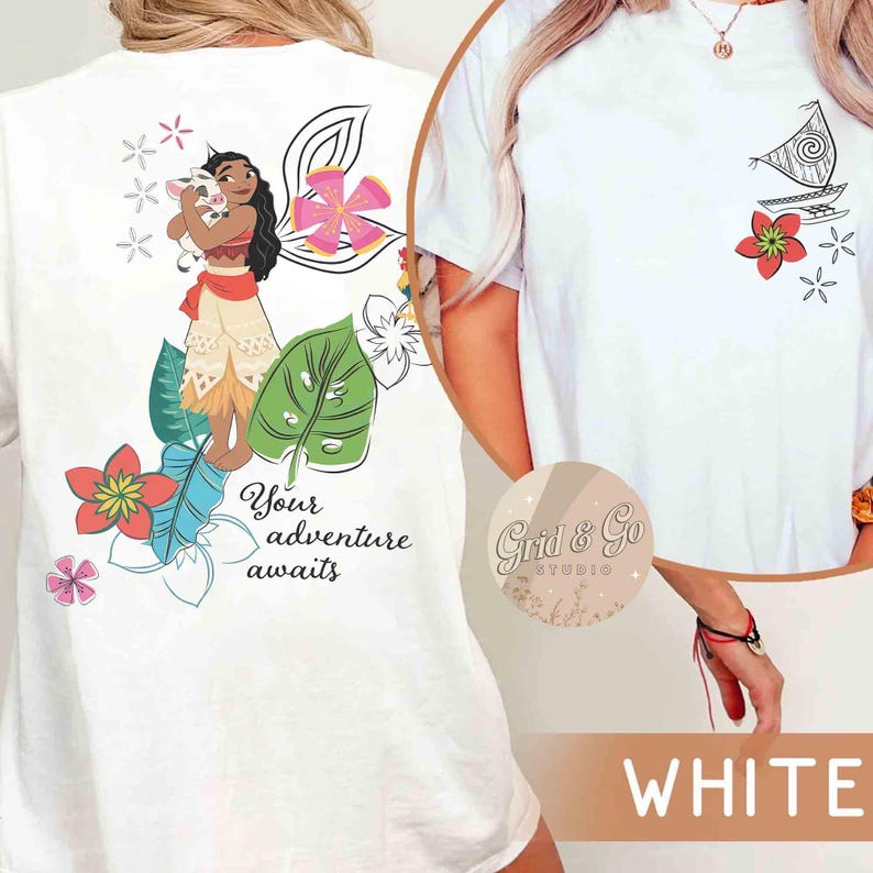 May include: White t-shirt featuring a colorful graphic of a cartoon character with a pig, flowers, and the text "Your adventure awaits" on the back. The front has a boat graphic and the word "WHITE".