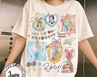 Gepersonaliseerde naam leeftijd flirt strik Disney prinses verjaardag kind peutershirt, Belle Aurora Rapunzel Ariel Group T-shirt, It's My Birthday-shirt