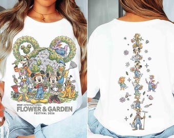 Koszulka Disney Epcot International Flower & Garden Festival 2026, koszulka z motywem Myszki Miki i Przyjaciele z motywem ogrodnictwa, koszulka Figment Orange Bird z motywem sadzenia drzewa