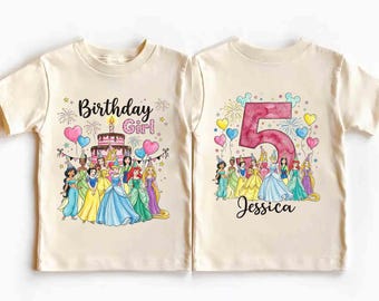 Personalized Name Age Disney Princess Birthday Girl Shirt, Aurora Belle Mulan Balloon Birthday Cake Kids Toddler Tee, Disneyland Birthday