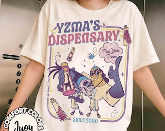 Camiseta retro del laboratorio secreto de Kronk e Yzma, camiseta "Elige tu veneno" del dispensario de Yzma, villanos de "El emperador y sus locuras" de Disney, camiseta "Viaje familiar" de WDW