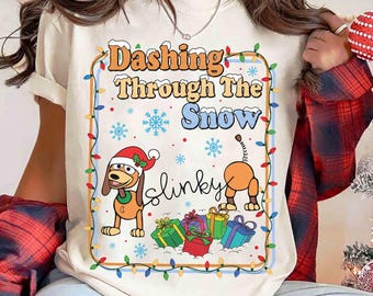 Funny Dashing Through The Snow Slinky Dog Christmas Shirt, Disney Pixar Toy Story Xmas Light Tee, Disneyland Family Christmas Holiday Gifts