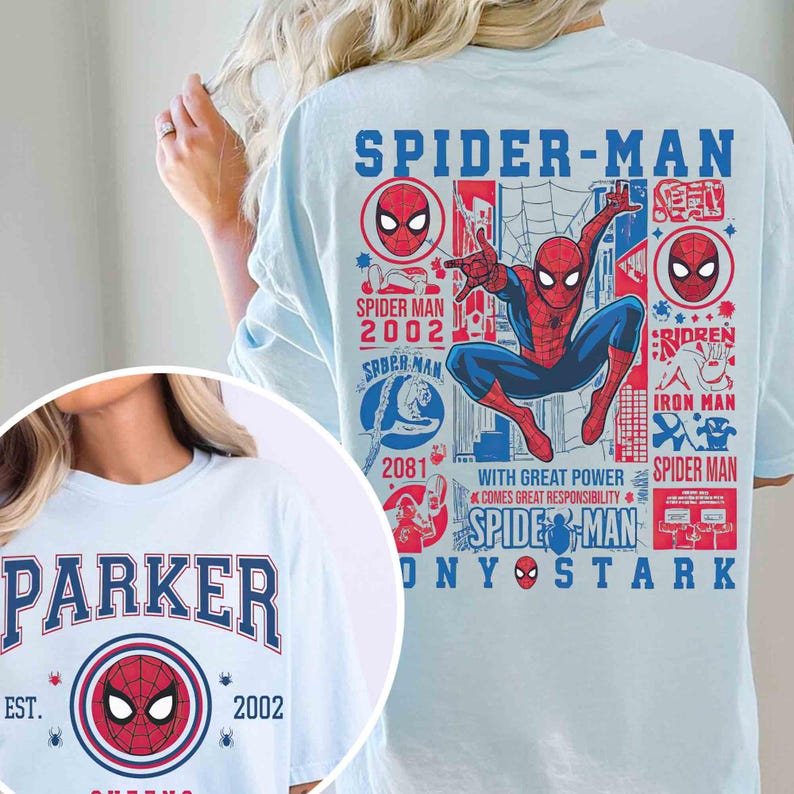 2-seitiges Disney Marvel Avenger Spider Man Parker 2002 Shirt, Marvel Superhelden-T-Shirt, Spider Man Tony Stark, Marvel-Comics, Geschenk für Papa Bild 3