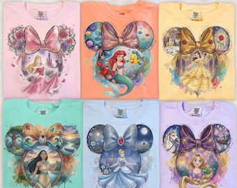 Watercolor Disney Princess Theme T-shirt, Snow White Belle Cinderella Princess Custom Tee, Gift For Her, WDW Disneyland Vacation Girl Trip