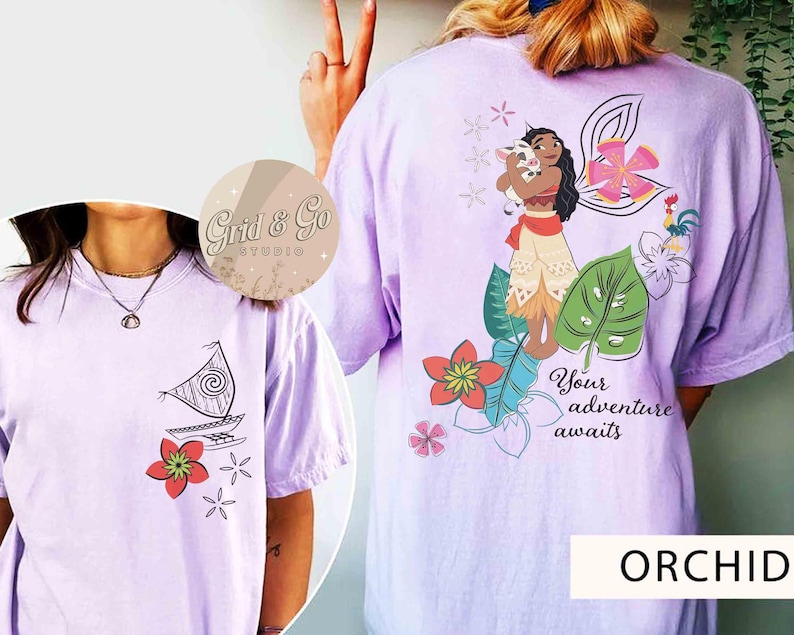 May include: Orchid-colored t-shirts with front and back graphics. The front features a sailboat and flower design. The back displays a cartoon character with a pig, flowers, and the text "Your adventure awaits."