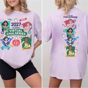 May include: A light purple t-shirt featuring Disney princess graphics and text. The front displays 2027 Run Disney Virtual Chalseries with characters Jasmine, Ariel, Snow White, and Tiana. The back shows the same characters in a vertical arrangement.