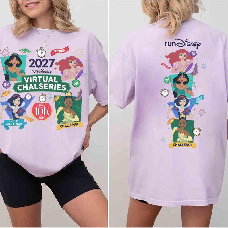 May include: A light purple t-shirt featuring Disney princess graphics and text. The front displays 2027 Run Disney Virtual Chalseries with characters Jasmine, Ariel, Snow White, and Tiana. The back shows the same characters in a vertical arrangement.