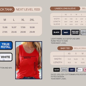 Może przedstawiać: Katalog produkt&oacute;w z tabelami rozmiar&oacute;w dla tank top&oacute;w, koszul z długim rękawem i koszulek dla dzieci. Tank top jest dostępny w kolorach czarnym, czerwonym, kr&oacute;lewskim niebieskim, granatowym, atletycznym melanżu i białym. Koszula z długim rękawem i koszulka dla dziecka mają r&oacute;wnież opcje kolorystyczne.