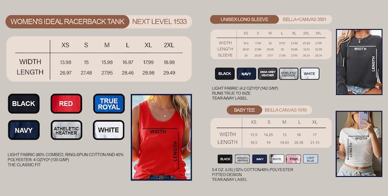 Może przedstawiać: Katalog produkt&oacute;w z tabelami rozmiar&oacute;w dla tank top&oacute;w, koszul z długim rękawem i koszulek dla dzieci. Tank top jest dostępny w kolorach czarnym, czerwonym, kr&oacute;lewskim niebieskim, granatowym, atletycznym melanżu i białym. Koszula z długim rękawem i koszulka dla dziecka mają r&oacute;wnież opcje kolorystyczne.