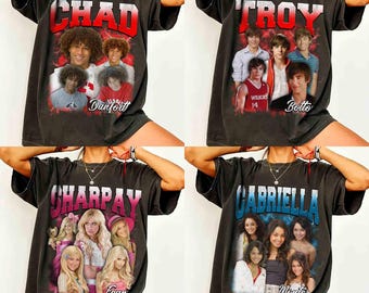 Koszulka z motywem postaci z High School Musical z kanału Disney Channel, koszulka z Troyem Boltonem Sharpayem Chadem, koszulka z musicalu The Series East High, wycieczka rodzinna