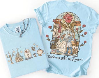 Vintage Tale As Old As Time Shirt, Retro Beauty and the Beast Stained Glass Shirt, Enchanted Rose Shirt, Disney Belle Princess Matching tee