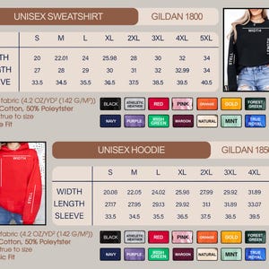 May include: A product chart for Gildan unisex sweatshirts and hoodies, detailing sizes, measurements in inches, and available colors. The chart includes information on fabric composition and fit.