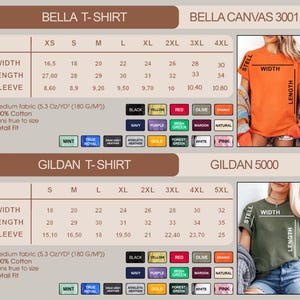 May include: Size chart for Bella and Gildan t-shirts, including width, length, and sleeve measurements in inches. The chart also lists available colors and fabric details. Models are wearing orange and olive green t-shirts.