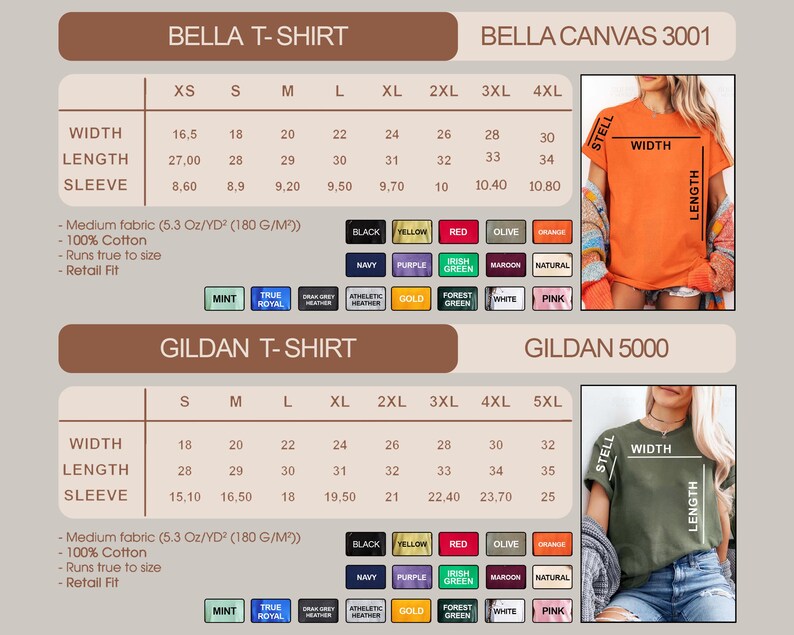 May include: Size chart for Bella and Gildan t-shirts, including width, length, and sleeve measurements in inches. The chart also lists available colors and fabric details. Models are wearing orange and olive green t-shirts.