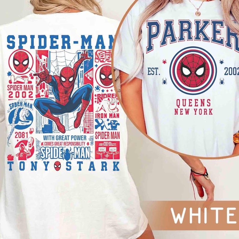 2-seitiges Disney Marvel Avenger Spider Man Parker 2002 Shirt, Marvel Superhelden-T-Shirt, Spider Man Tony Stark, Marvel-Comics, Geschenk für Papa Bild 1