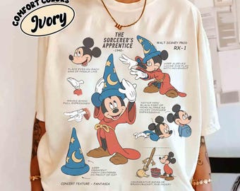 Retro Disney The Sorcerers Lehrling Fantasia Mickey Sketch Shirt, Fantastisches Mickey Sorcerer T-Shirt, Disneyland Familie Passendes Reise Shirt