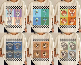 Gepersonaliseerde geruite Zootopia shirt met 2 personages, T-shirt Gary De'Snake Judy Hopps gezichtsuitdrukkingen, WDW Disneyland Family Matching Trip-shirt