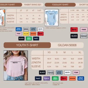 May include: A product catalog featuring children's t-shirts and onesies. The image displays size charts for toddler and youth t-shirts, along with color options. The shirts are available in various sizes and colors.