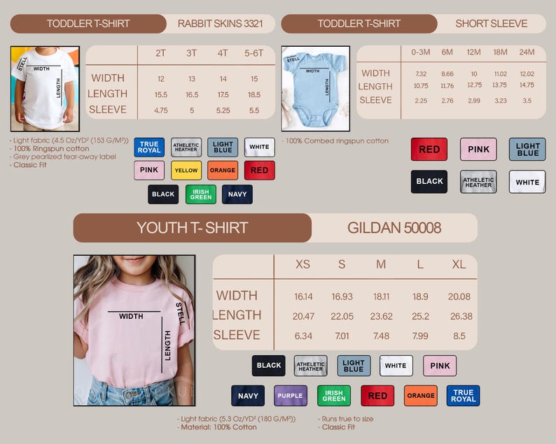May include: A product catalog featuring children's t-shirts and onesies. The image displays size charts for toddler and youth t-shirts, along with color options. The shirts are available in various sizes and colors.